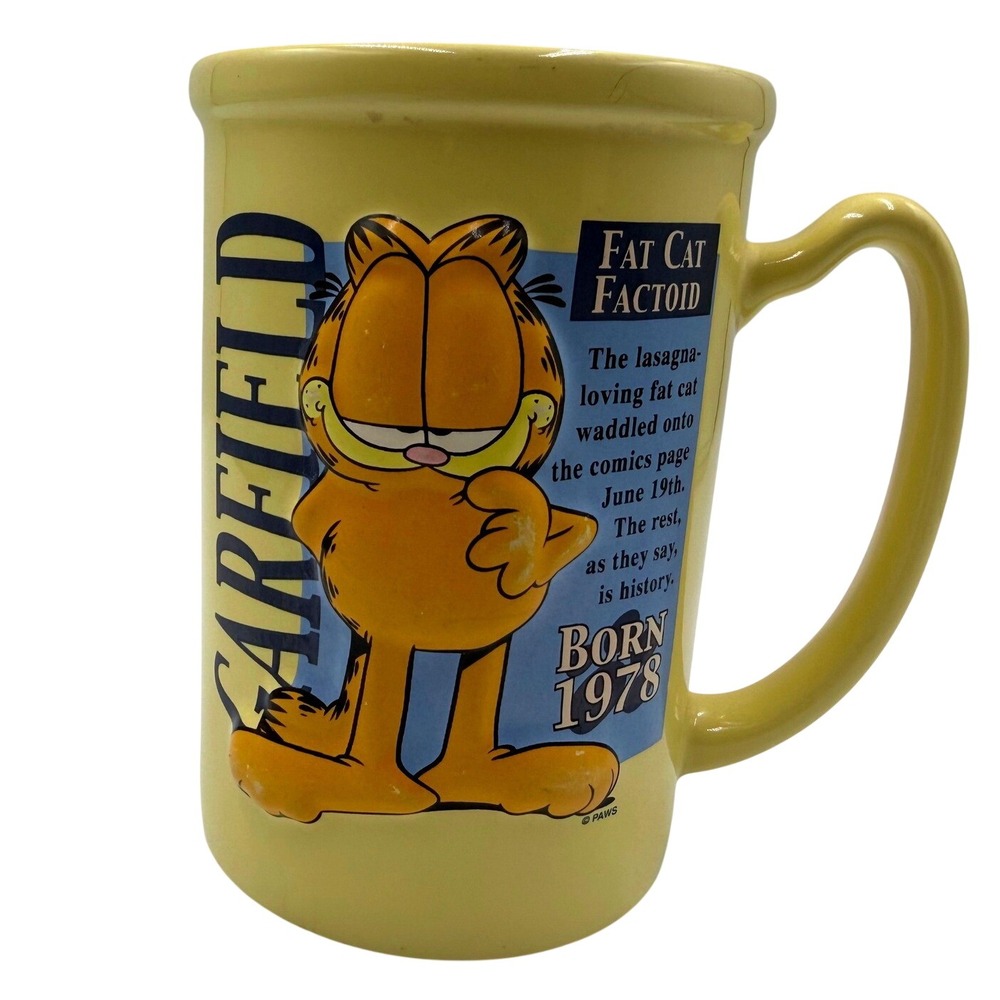 Vintage Garfield Fat Cat Factoid Yellow Ceramic Coffee Mug Born 1978 Jim Davis